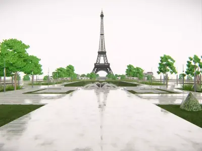 Eiffel Tower and Trocadero Gardens Paris Land Low-poly 3D model
