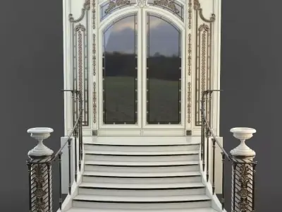 Entrance ornate staircase with wrought iron railings 3D model