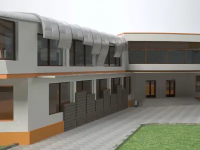 School building on grass 3D model