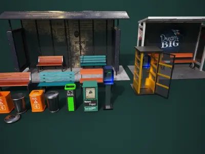 Ultra HD Road Prop Pack  PBR Textured Low-poly 3D model