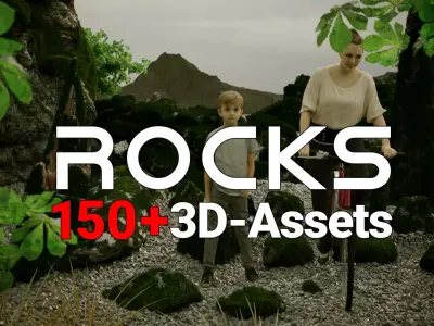 Girl Bike Boulder Big Sharp Dry Rocks Set 3D Model Pack