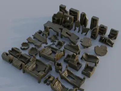 40 different Ruined Furniture Tabletop Scatter Terrain 28 mm 3D print model