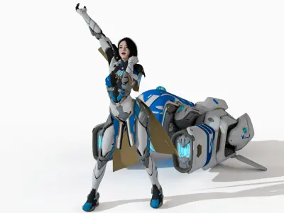 Futuristic Cyborg Girl with Airship Rigged and Animated Low-poly 3D model