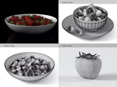 Strawberries on cutting board with knife and fork 3D model