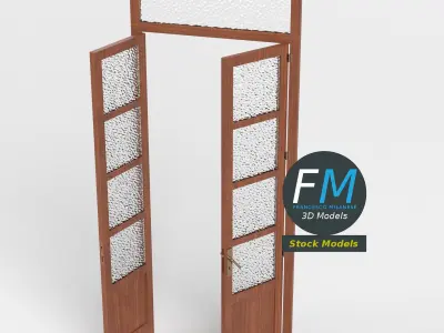 Wooden door with glass panels and transom 3D model