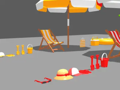 beach toys surfboard sunbath sand castle Viewing coconut trees Low-poly 3D model