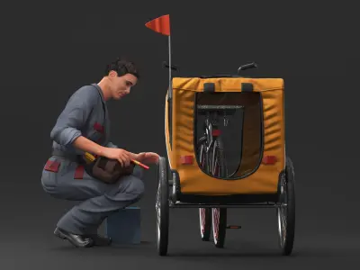  Worker Attaches Pet Trailer to Bicycle 