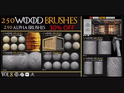 250 Wood Brush-Alpha Pack-Alpha Brush-Brush-Wood Brushes - Vol 8 3D model