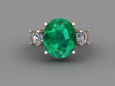 Emerald Oval Rose Gold Diamond Ring 3D Print Model 3D print model