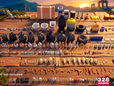 Lowpoly Stylized Street Garbage Junk Trash and Waste Set   Low-poly 3D model