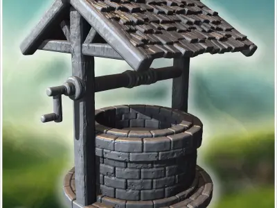 Round stone well with wooden roof hand crank and visible brick d 3D print model