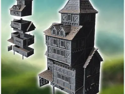 Medieval half-timbered stone building with large awning 35 - Med 3D print model