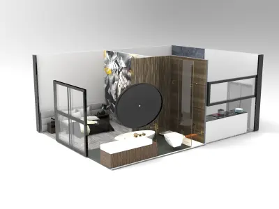 bungalow room with bed and bathroom 3D model