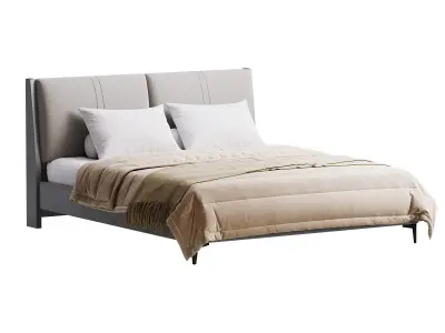 Modern Light Wood Pine Upholstered Headboard Bed 3D model
