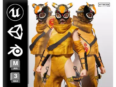 Tora Blaze Ninja Futuristic Tiger Mask Assassin Game Ready Low-poly 3D model