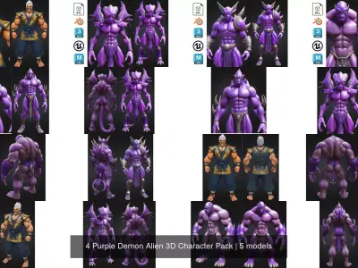 4 Purple Demon Alien 3D Character Pack