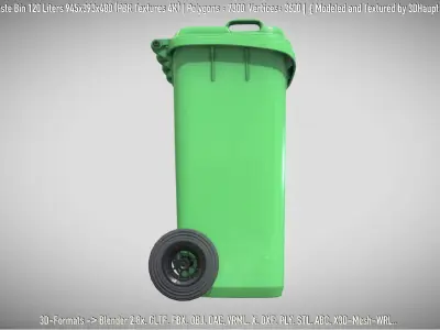 Green Plastic Waste Bin 120 Liters 945x393x480 Low-poly 3D model