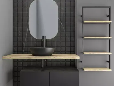 bathroom set 7 modern with tiles and wooden shelves 3D model