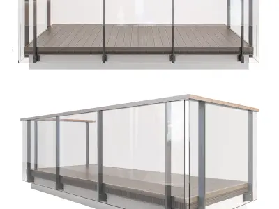 Glass-Railing-05 two glass railings and wooden deck 3D model