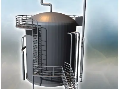 Round industrial tank with multiple pipes and access staircase 1 3D print model