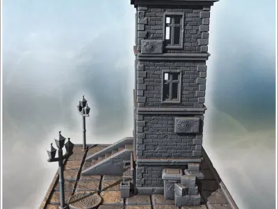 Tall stone residential building with stairs benches street lamps 3D print model