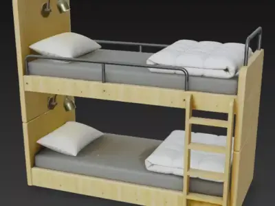 Modern Wooden Bunk Bed Hostel Bed with Ladder and Reading Lamps 3D model