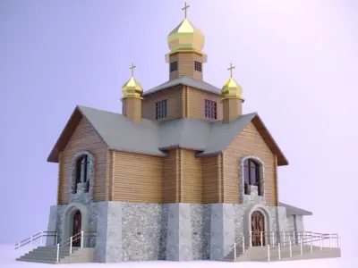 Church with a wooden log house 3D model