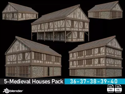 Medieval Houses Pack 36-37-38-39-40 - 4K Textures Game Ready Low-poly 3D model