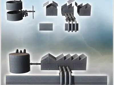 Industrial building with partial shed roof tanks and external pi 3D print model
