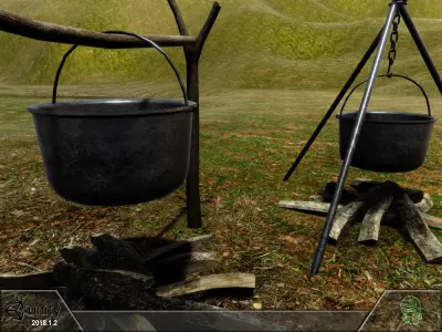 Bonfire two pots and fire pit Low-poly 3D model