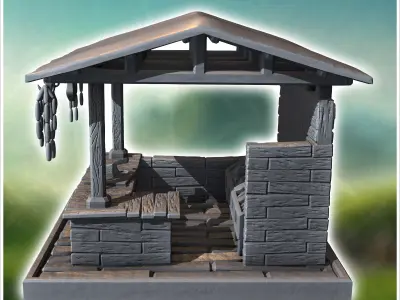 Market stall with a tin roof hanging meats and display tables fo 3D print model