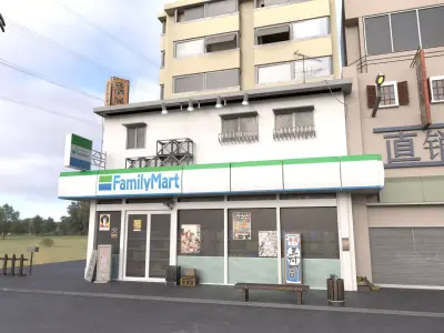 Family Mart- convenience store and street Low-poly 3D model