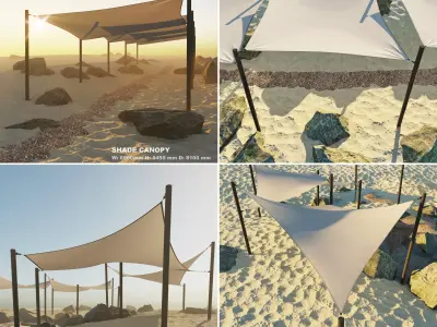 Shade Canopys N1 and N2 vs rocks and sand and rotang tables 3D Model Pack