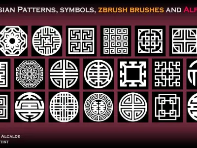 20 Asian Patterns symbols ZBRUSH IMM and Alphas Blender Low-poly 3D model