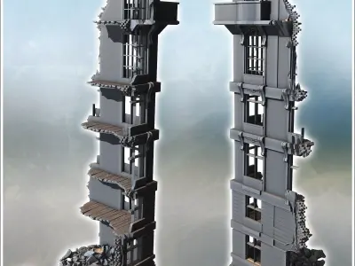 Narrow ruined structure with detailed windows exposed brickwork  3D print model