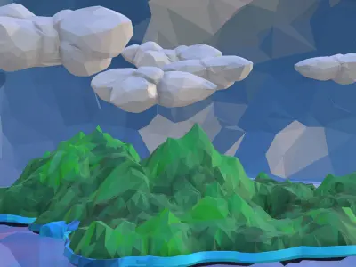 Green Waterfall Island Mountain Low Polygon Art 3D model