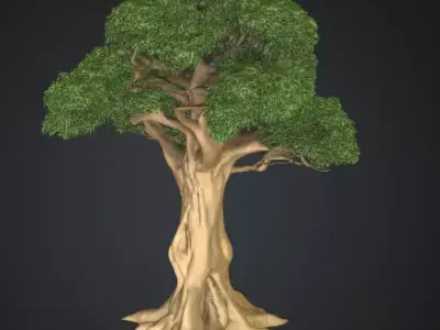Realistic Stylized Oak with Roots and Branches Low-poly 3D model