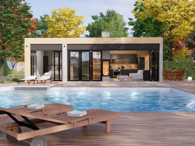 modern pool house with fireplace 3d model Low-poly 3D model