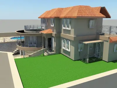 Exterior of Modern house including door windows grill and pool 3D model