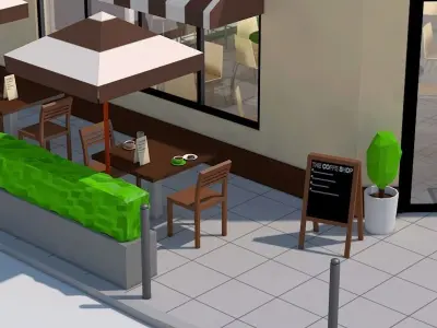 Low Poly Corner Coffee Shop exterior interior Low-poly 3D model