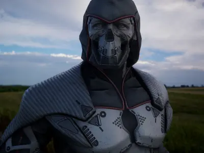 Cyborg futuristic man in field Low-poly 3D model