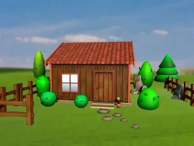 Set of stylized houses bushes trees stones fence PBR Low-poly 3D model