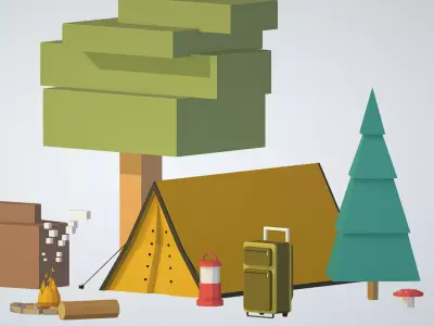 isometric objects tourism cooking BBQ tent fire ax Low-poly 3D model