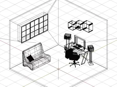 Isometric Office Workspace with PC and Accessories 3D model