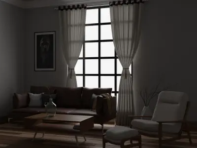 Modern Living  Room set - with curtain Low-poly 3D model