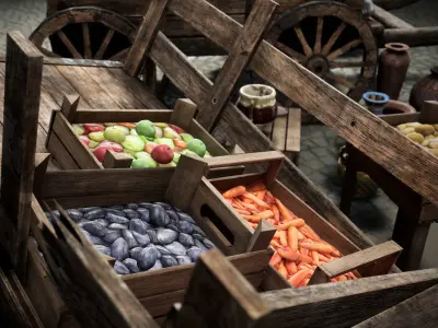 Fruit and Pottery Market Cart Pack containing Low-poly 3D model