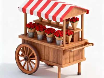 Romantic Wooden Flower Stall Cart 3D Model Low-poly 3D model
