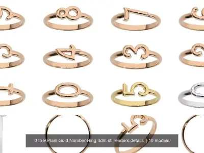 0 to 9 Plain Gold Number Ring 3dm stl renders details  3D Model Pack