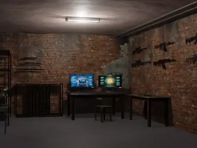 ground low poly room with guns on wall Free 3D model