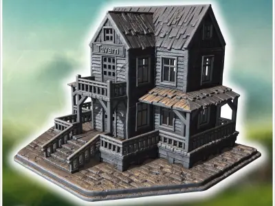 Old wooden tavern with a sign front porch balconies and visible  3D print model